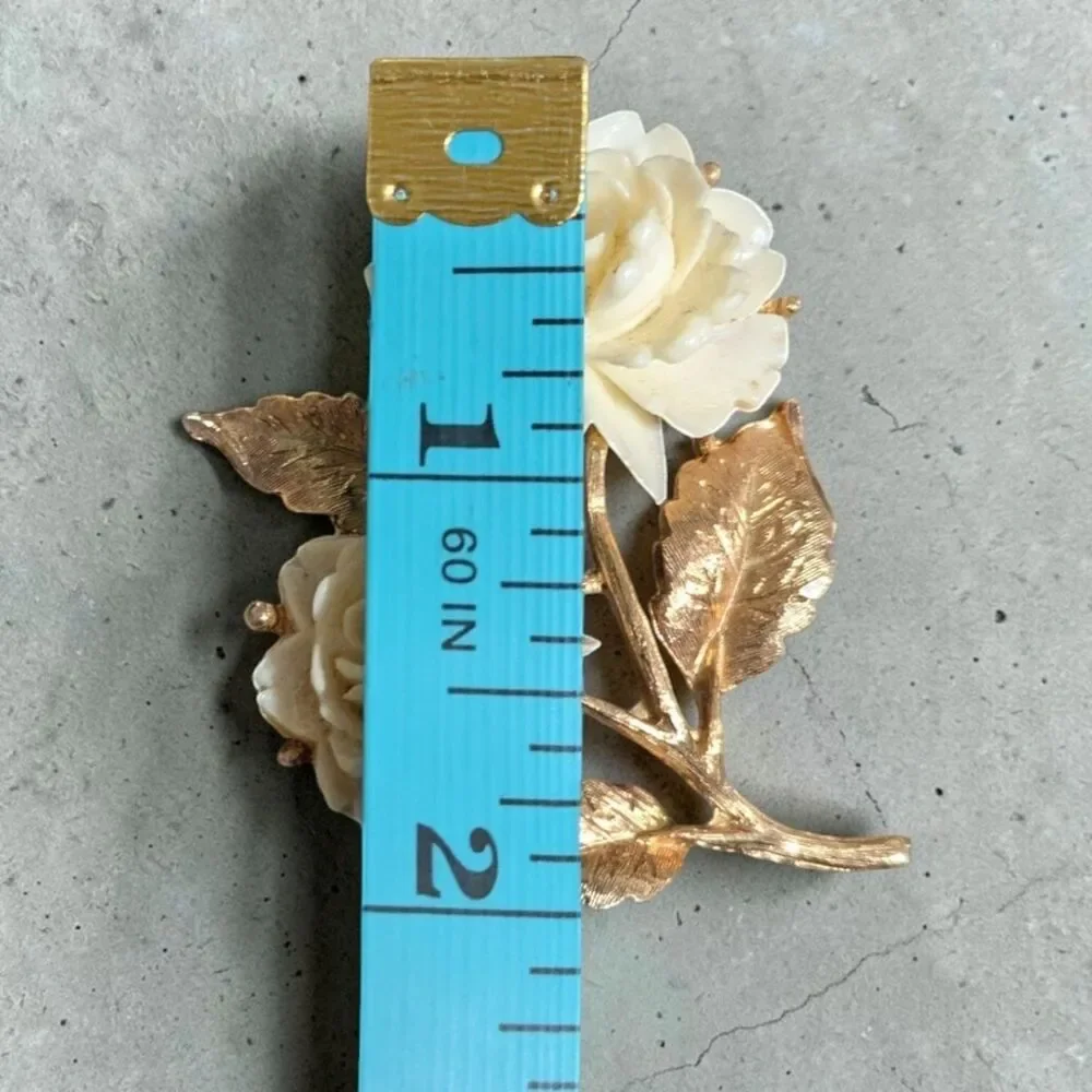 Vintage Style Ivory Rose Brooch, Gold Tone Floral Pin, Cottagecore Jewelry
